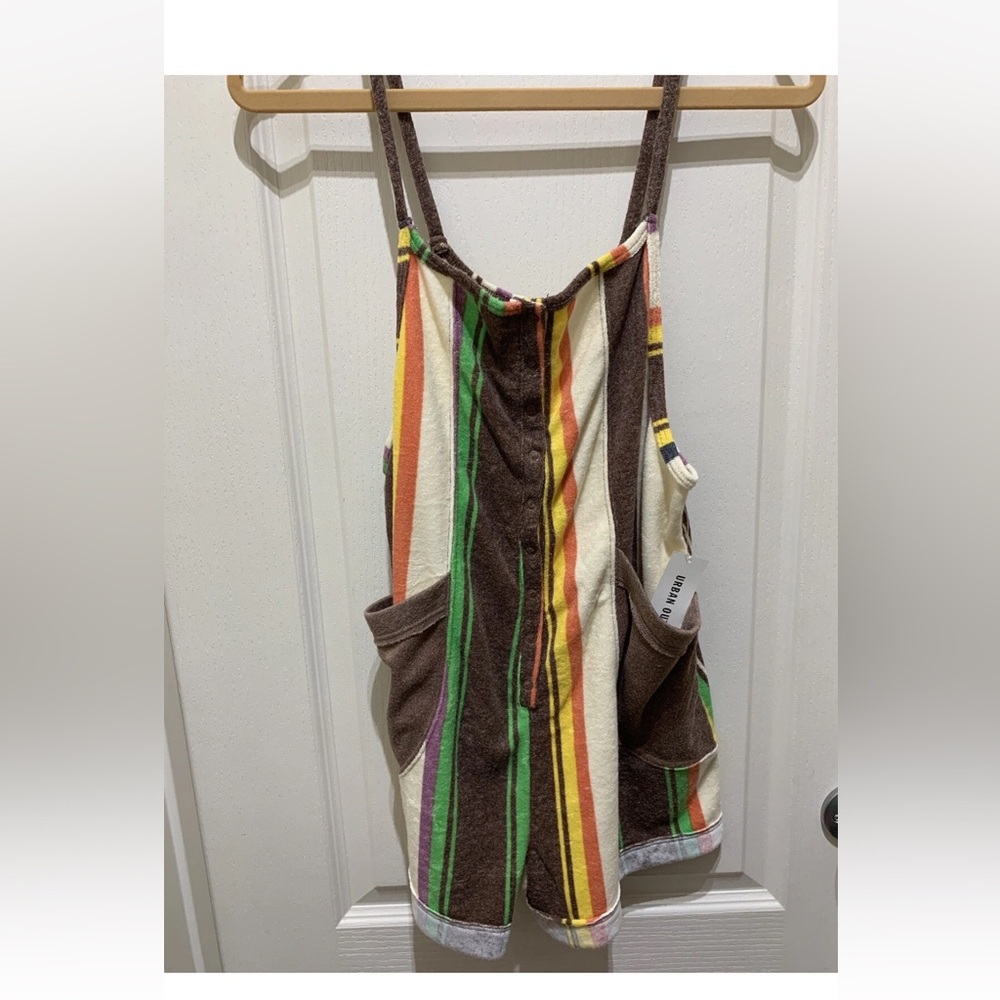 Urban Outfitters Brown Striped Terry Romper with Green, Yellow & Red Accents